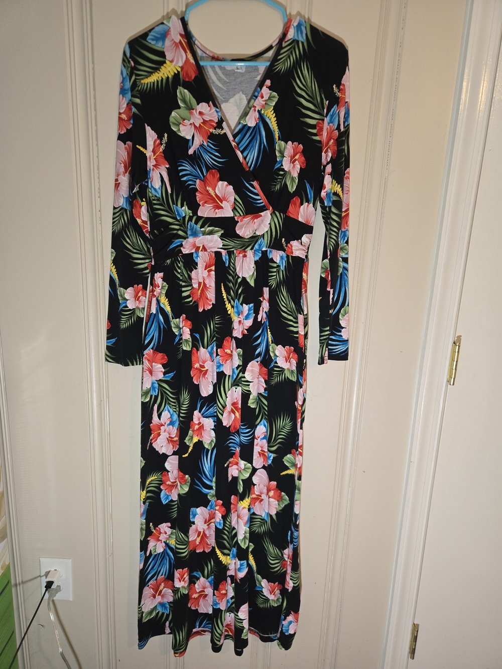 Floral Wrap Maxi Dress in Black with Pink & Blue Blooms